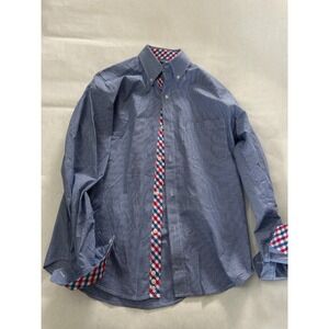 TailorByrd Mens Blue Gingham Check Button Flip Cuff Collar Shirt Small‎ Preppy